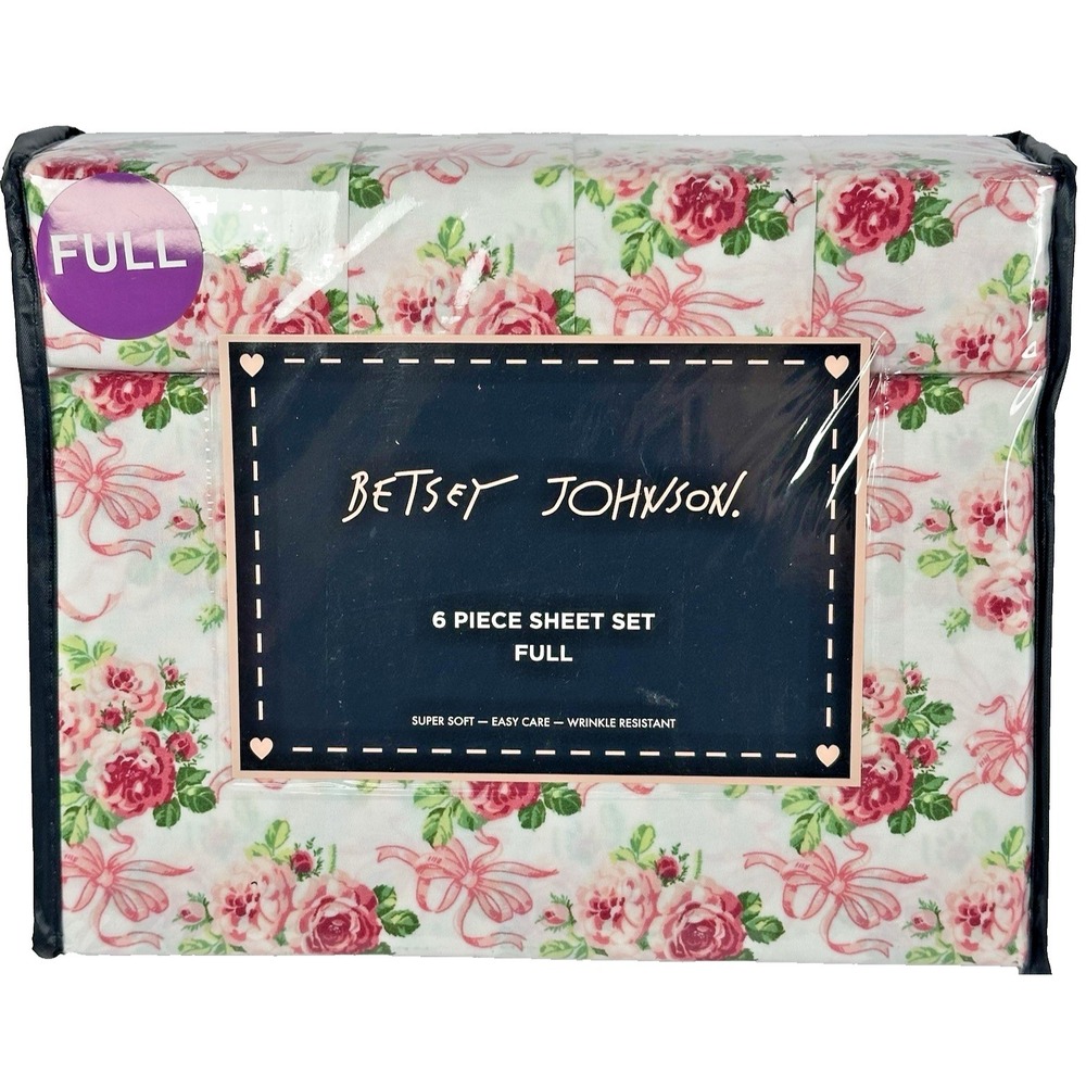 Betsey Johnson Full Sheet Set Floral Rose Bow Pink 6 Pc‎ Bedding New